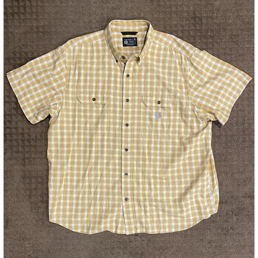 Carhartt Mens Loose Fit Plaid Yellow Button Down Short Sleeve Size 2XL